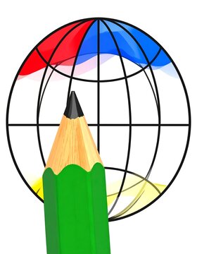 Conceptual illustration of a pencil combined with a global world globe grid.