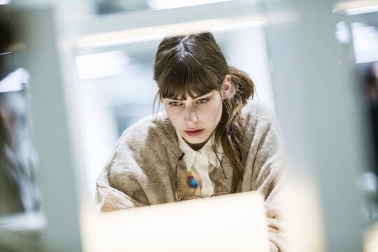 Young woman with bangs and a ponytail working at a computer in a bright office, wearing a beige cardigan, soft lighting and shallow depth of field
