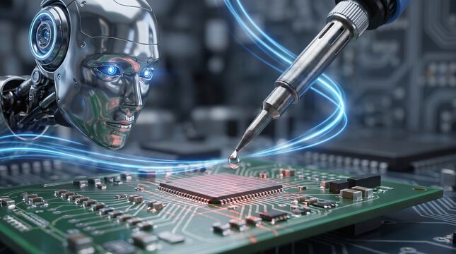 Futuristic robot head overseeing soldering of a central processing unit on a circuit board