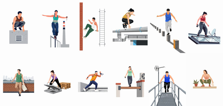 Flat vector illustration set of young men and women performing parkour and urban exploration stunts on city rooftops and various industrial structures.