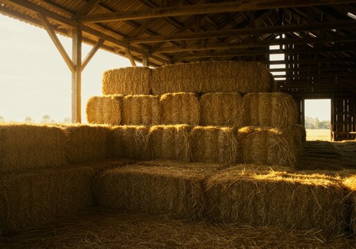 Golden straw hay bales stacked inside a rustic wooden barn glowing in warm sunset light with a countryside view through the open side