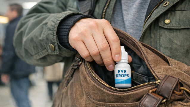Image of a person's hand holding an eye drop bottle, with their coat pocket visible. The setting appears to be a public space, possibly a transit hub.