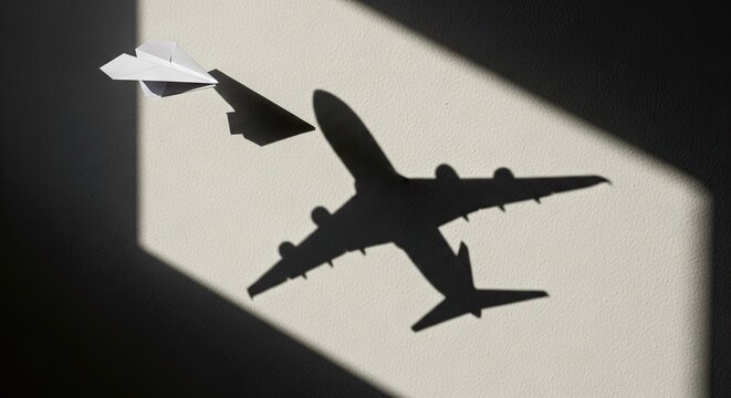 Paper airplane casting large jet shadow on wall.