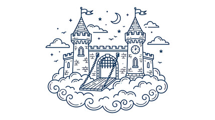 Magical castle floating on clouds under a moonlit night sky © cicik