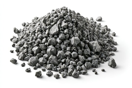 A pile of crushed grey gravel or stone aggregate isolated on white background