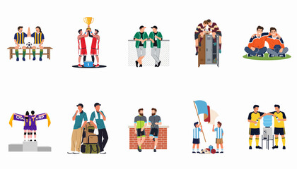 Fototapeta premium Set of Flat Vector Illustrations Featuring Diverse Athletes and Sports Teams Including Soccer, Basketball, Baseball, and Cycling Activities.