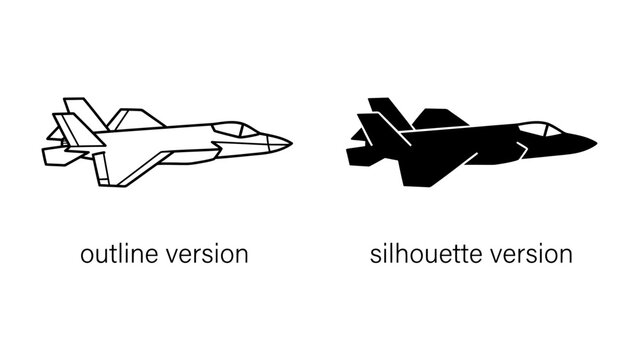 F-35 Fighter Jet Icons: A set of graphic icons featuring an F-35 fighter jet in both outline and silhouette versions.