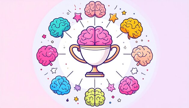 Conceptual illustration of brain trophy and colorful brain icons surrounding it.