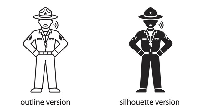 Drill Sergeant Icon: A visual representation of a drill sergeant in both outline and silhouette versions, conveying authority and instruction.