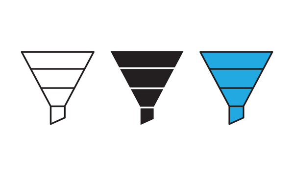 Set of three marketing funnel icons in outline solid and blue fill styles isolated on a clean white background for business