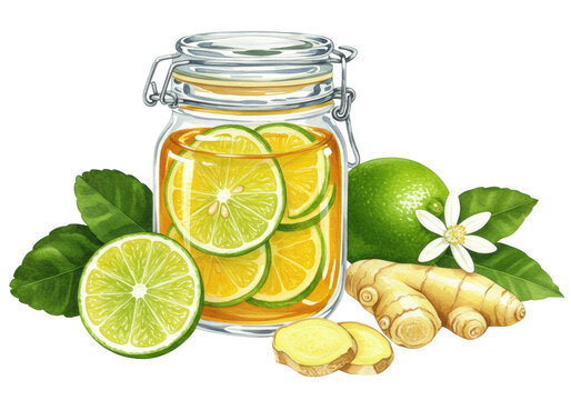 detailed watercolor still life of vintage jar with preserved lime slices in golden honey, ginger root, and fresh lime elements, floating against a transparent background. concept of natural health