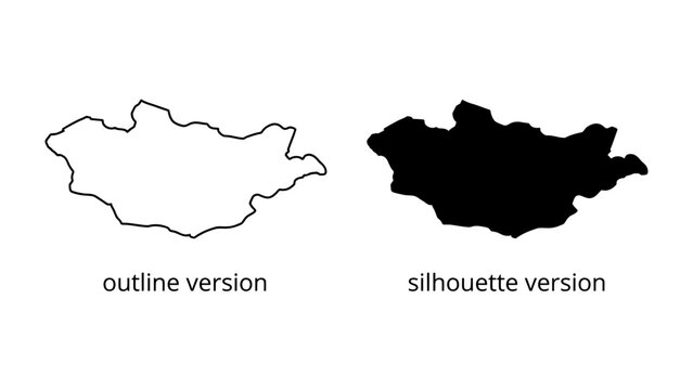 Mongolia Map Outline and Silhouette: Two representations of the country of Mongolia, one as a detailed outline and the other as a solid silhouette, ready for graphic design and cartographic use.
