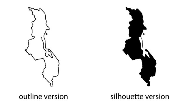 Malawi Map Outline and Silhouette: Two distinct representations of the country of Malawi, one showcasing its geographical borders as an outline, and the other presenting it as a solid silhouette.