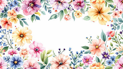 Watercolor botanical flower arrangement surrounding blank white space for elegant invitation and greeting card designs © Flower