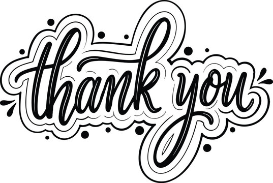 Handwritten thank you lettering with a heart and smiley face on a white background