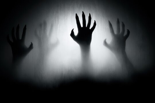 Eerie silhouettes of monster hands with sharp claws pressing against frosted glass