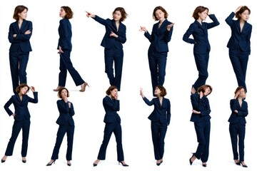 Fototapeta premium Set of fulllength portraits of a young businesswoman in a dark blue suit posing in various positions isolated on white background