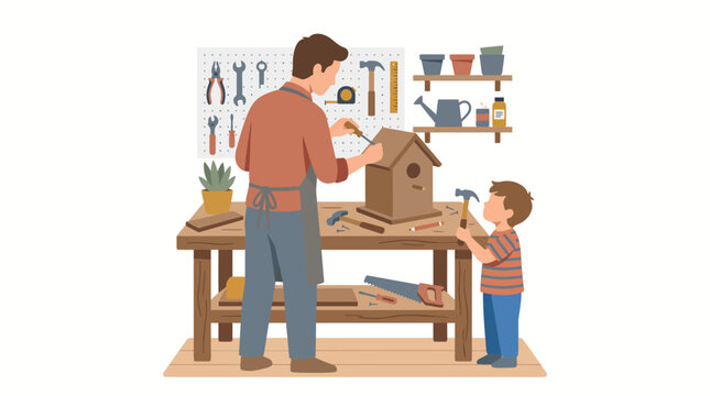 Father and son in workshop, woodworking together, carpentry scene, family bonding