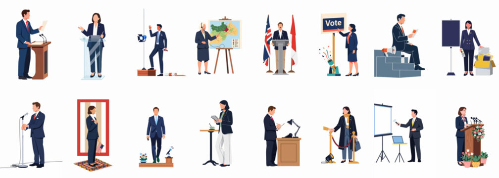 Flat vector illustration collection of politicians and public speakers engaged in various activities like campaigning, debating, voting, and making speeches.