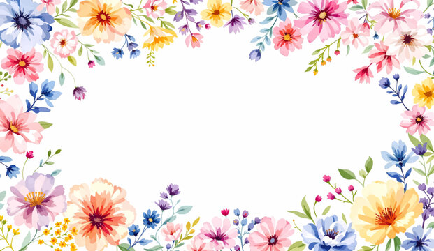Delicate spring blossom watercolor frame with elegant flowers surrounding minimal white copy space background design