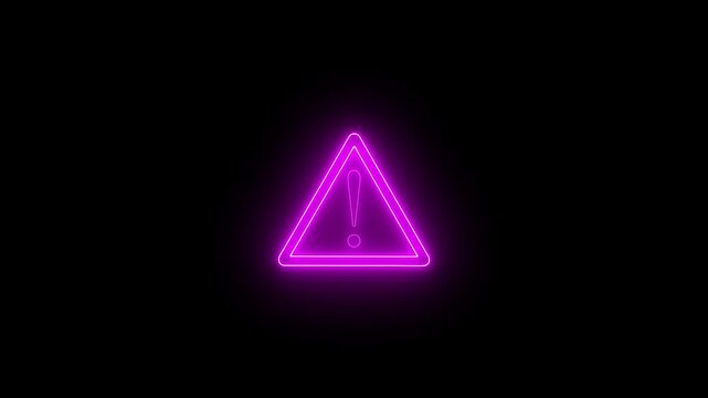 Glowing purple neon warning exclamation triangle sign loop on black background