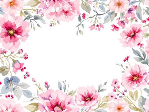 Decorative watercolor flower frame with vibrant spring blooms and elegant blank copy space for announcements