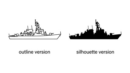 Warship Outline and Silhouette: Two graphic representations of a modern warship, one as a detailed outline and the other as a solid black silhouette, showcasing the vessel's design. © mojahedh