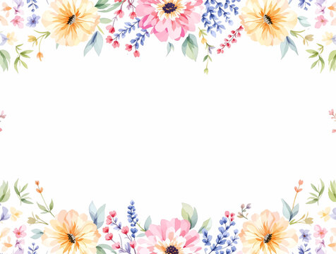 Watercolor spring flower frame with colorful blossoms creating graceful botanical border and empty white background