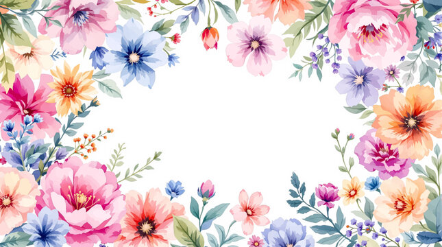 Floral watercolor border showcasing blooming pastel flowers around blank white copy space composition