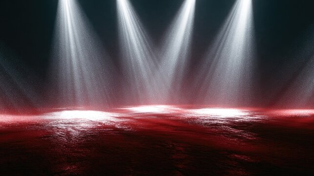 Ethereal spotlights pierce smoky, dark red stage floor