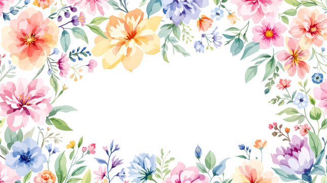 Colorful watercolor wildflower border featuring delicate floral arrangement and clean blank center for creative projects