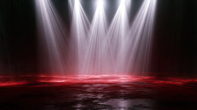 Ethereal white spotlights pierce smoky red haze above wet stage