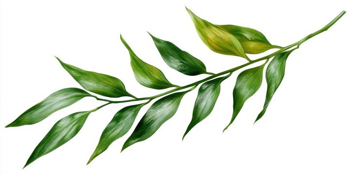 A single branch of ruscus aculeatus, also known as butchers broom, with glossy green leaves isolated on white background
