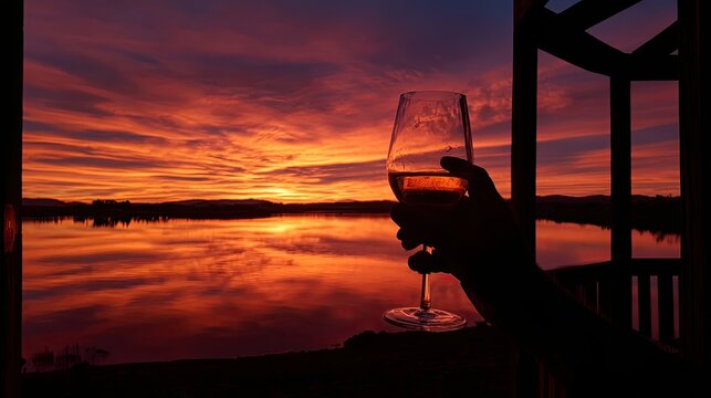 Hand holding champagne flute against fiery sunset reflected on serene lake