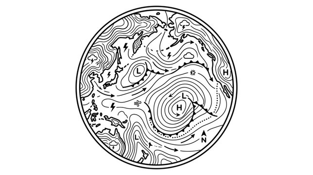 Global weather map with pressure systems and wind patterns