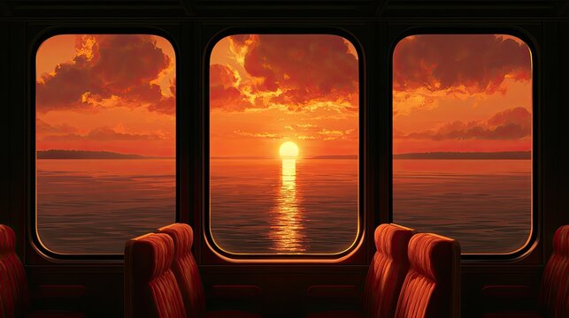 View of a vibrant sunset over the ocean from train seats