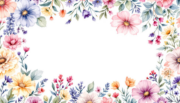 Beautiful watercolor botanical frame with blooming spring flowers surrounding generous white copy space background design