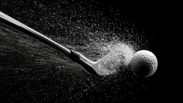 Iron striking ball, creating dust explosion against black background