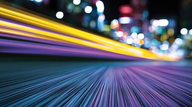 Streaks of light blur across a dark, blurred cityscape at night