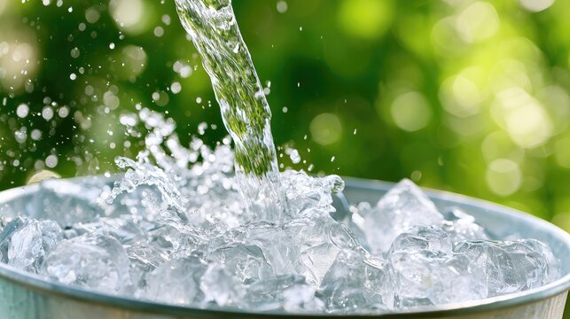 Clear liquid streams into a metal bucket filled with ice cubes, splashing