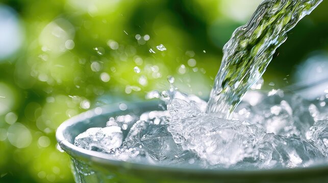 Crystal clear liquid pouring over refreshing ice cubes in a metallic container
