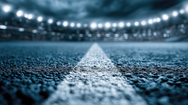 Ground-level view of illuminated stadium field, focus on line
