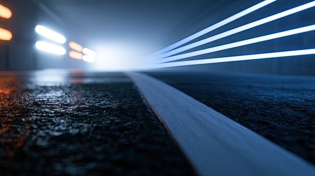 Futuristic tunnel with glowing lines and wet asphalt reflects light