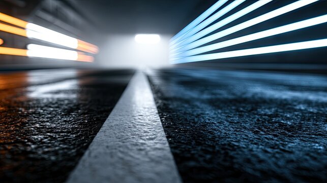 Streaking lights illuminate a wet road leading into a bright, foggy tunnel