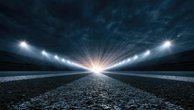 Illuminated stadium at twilight, intense light beams pierce dramatic sky