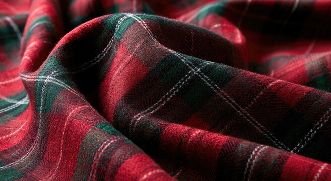 A close-up view of folded red, green, and white plaid fabric with soft texture