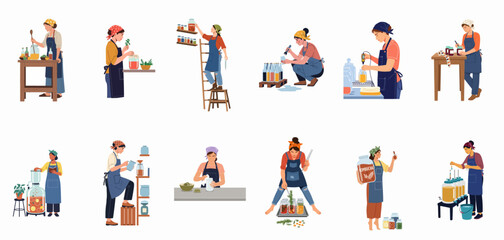 Fototapeta premium Women artisans practicing traditional food preservation, fermenting kombucha, bottling drinks, and labeling jars in a series of flat character illustrations.