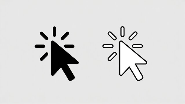 Minimalist mouse cursor click icons, one solid black cursor and one outlined cursor, each with radiating click lines, centered on a light gray background, bold geometric design, flat vector style, cle