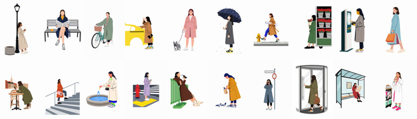 Fototapeta premium Collection of flat vector illustrations featuring diverse women in various everyday city life scenes and urban activities.