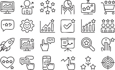 Fototapeta premium Customer Satisfaction and Business Performance Outline Icons with Reviews and Growth Charts